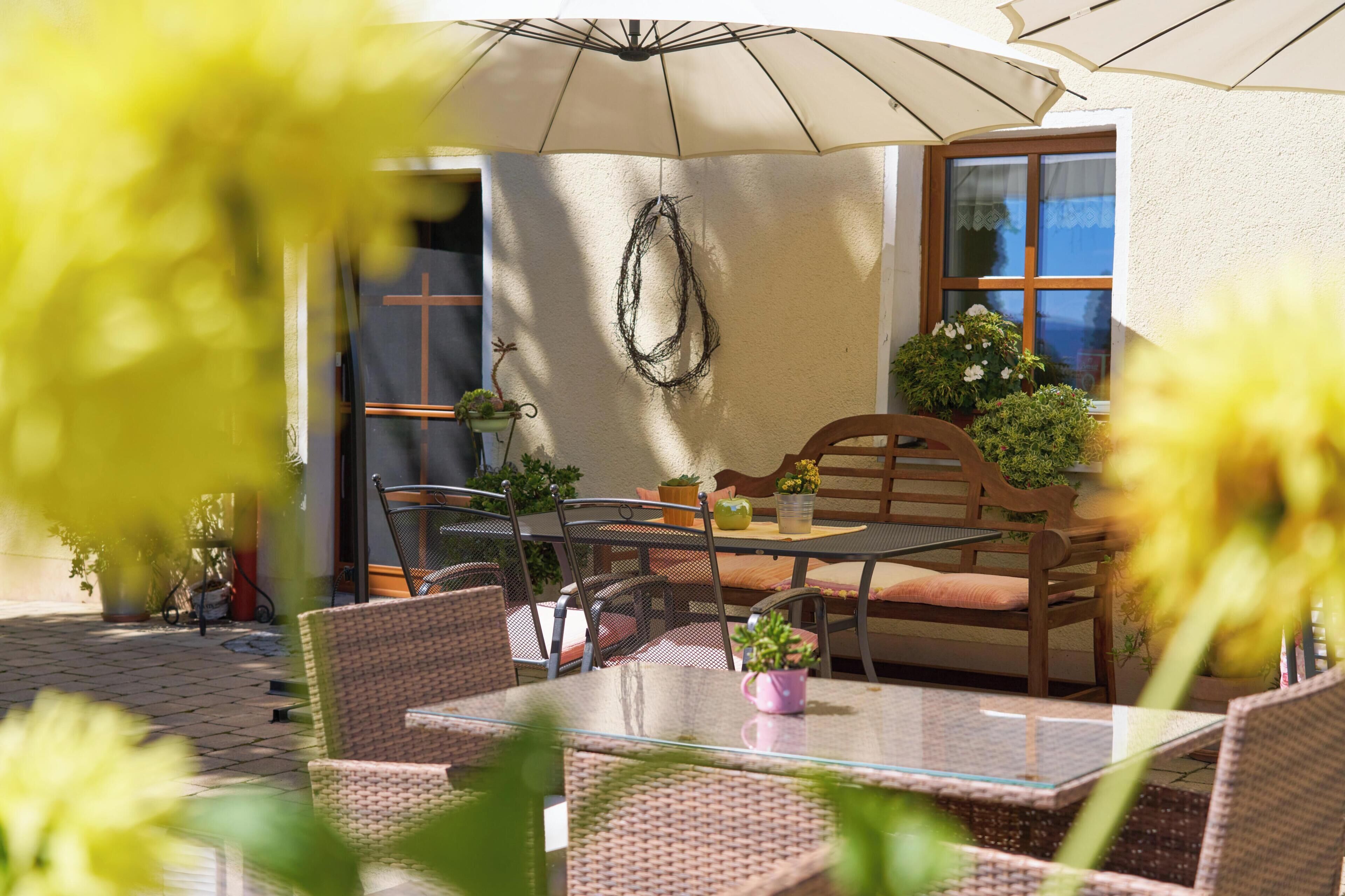 An outdoor patio with wicker furniture, a glass table, and potted plants.