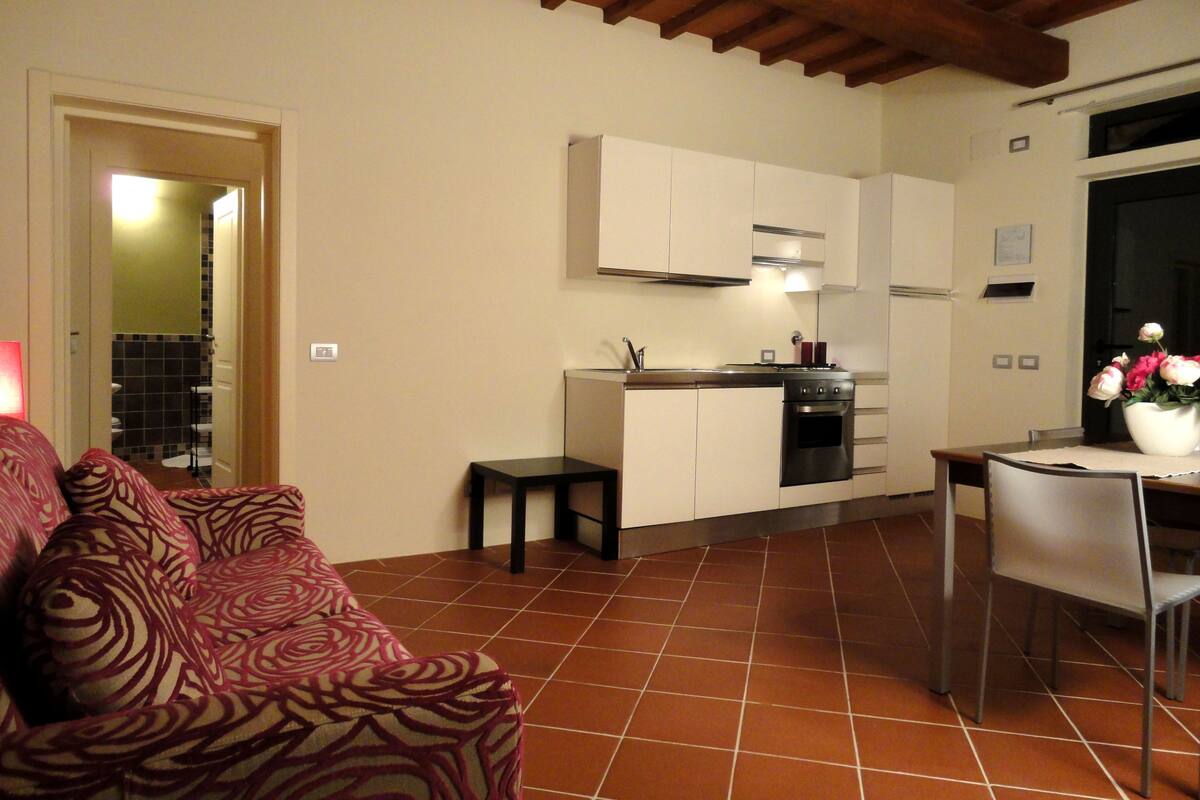 Un espacio habitable compacto con kitchenette, comedor y sofá estampado.