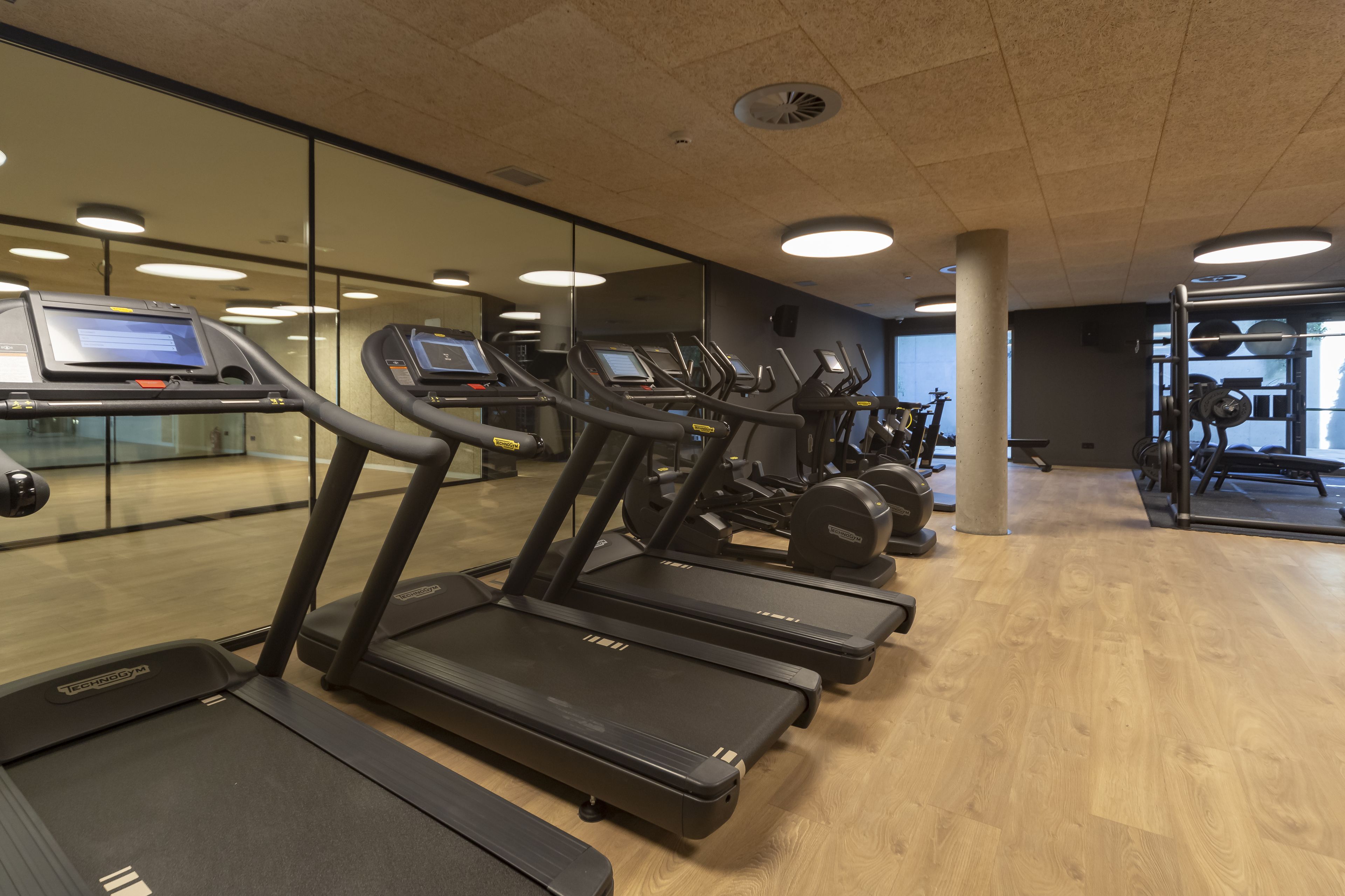 Une salle de sport équipée de tapis de course, d’appareils de musculation et d’un mur recouvert de miroirs.