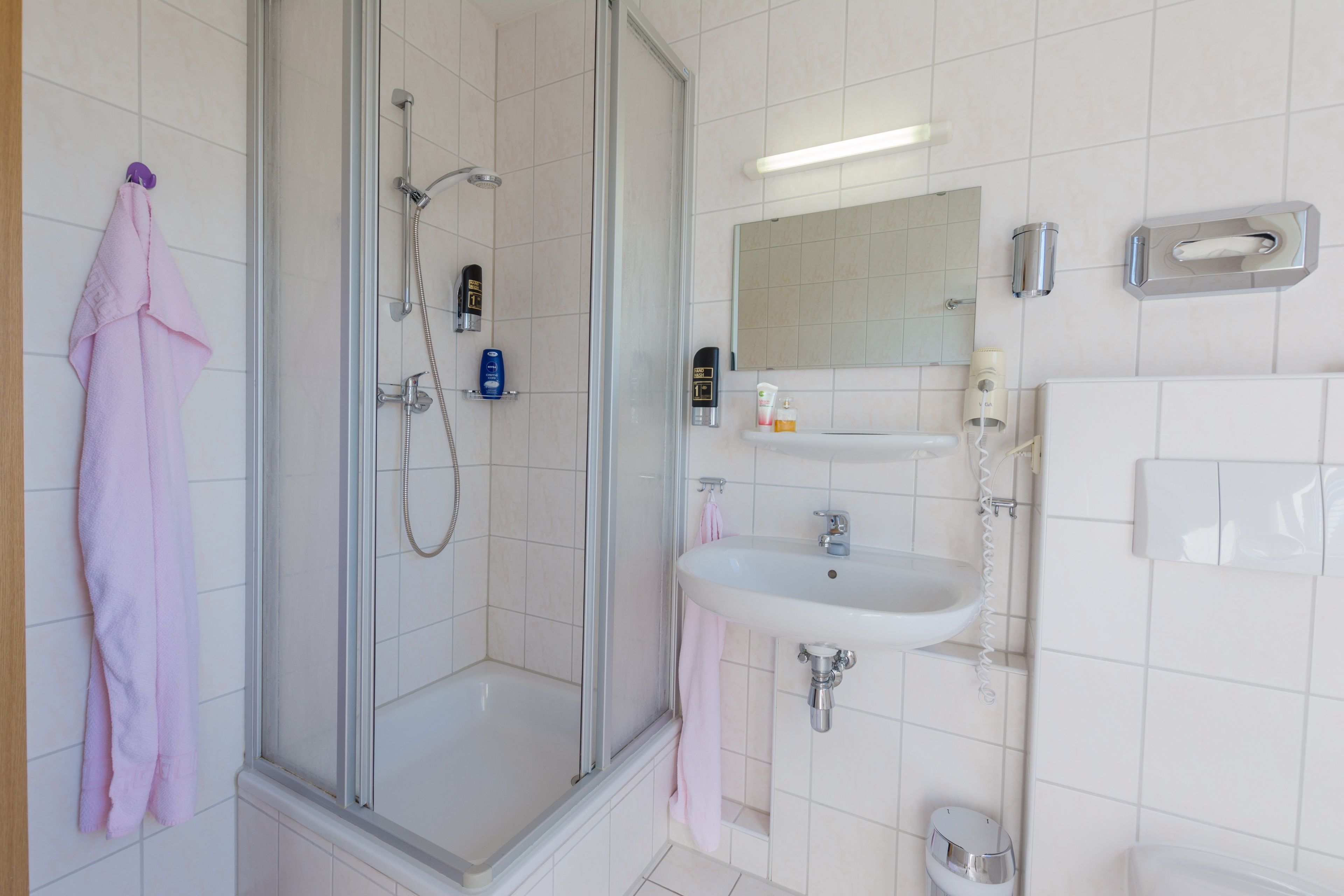 A modern bathroom with a glass-enclosed shower, a white sink, and a mirror above the sink.
