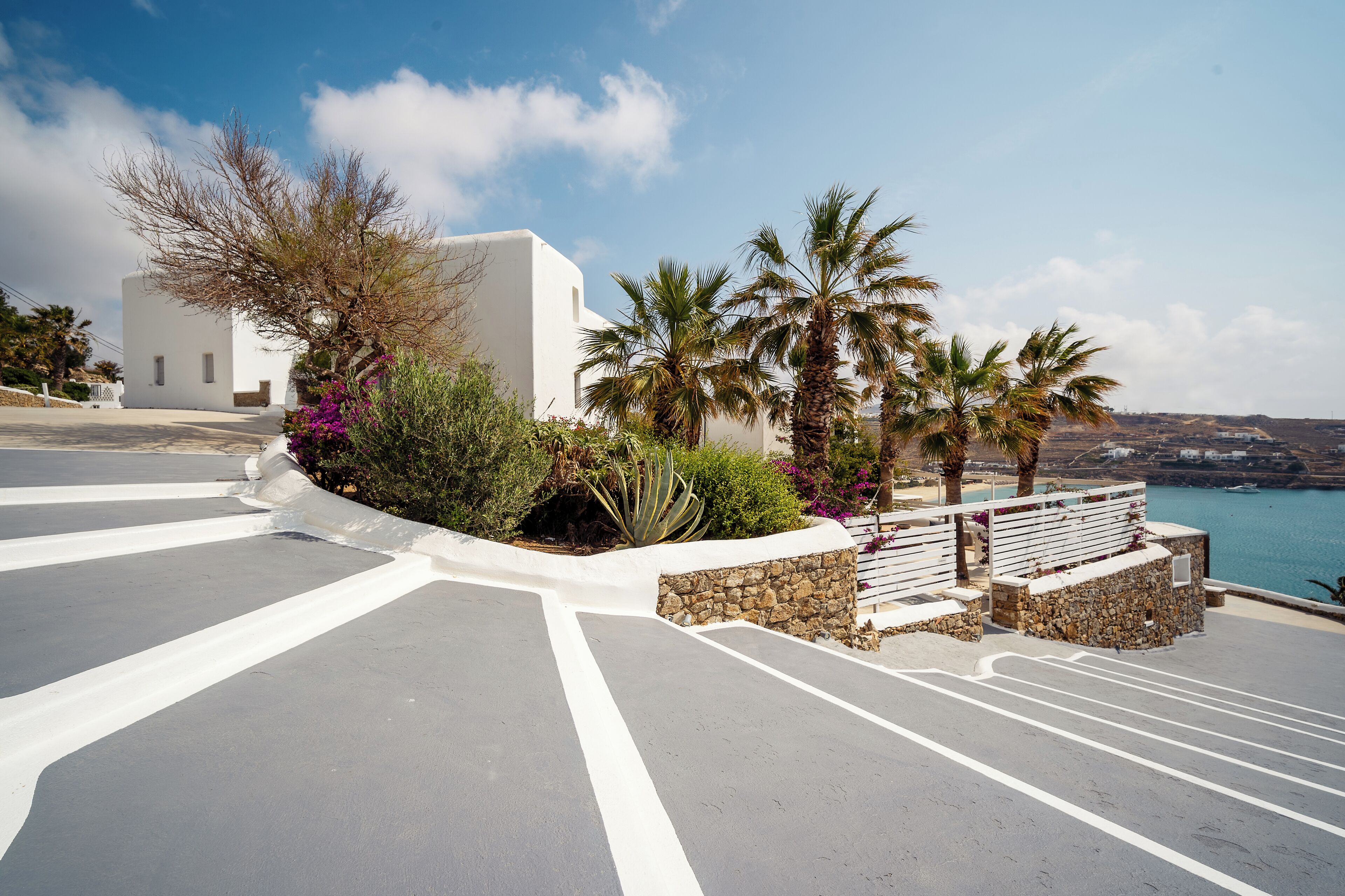A coastal road with white road markings, a white building, palm trees, and a stone wall.