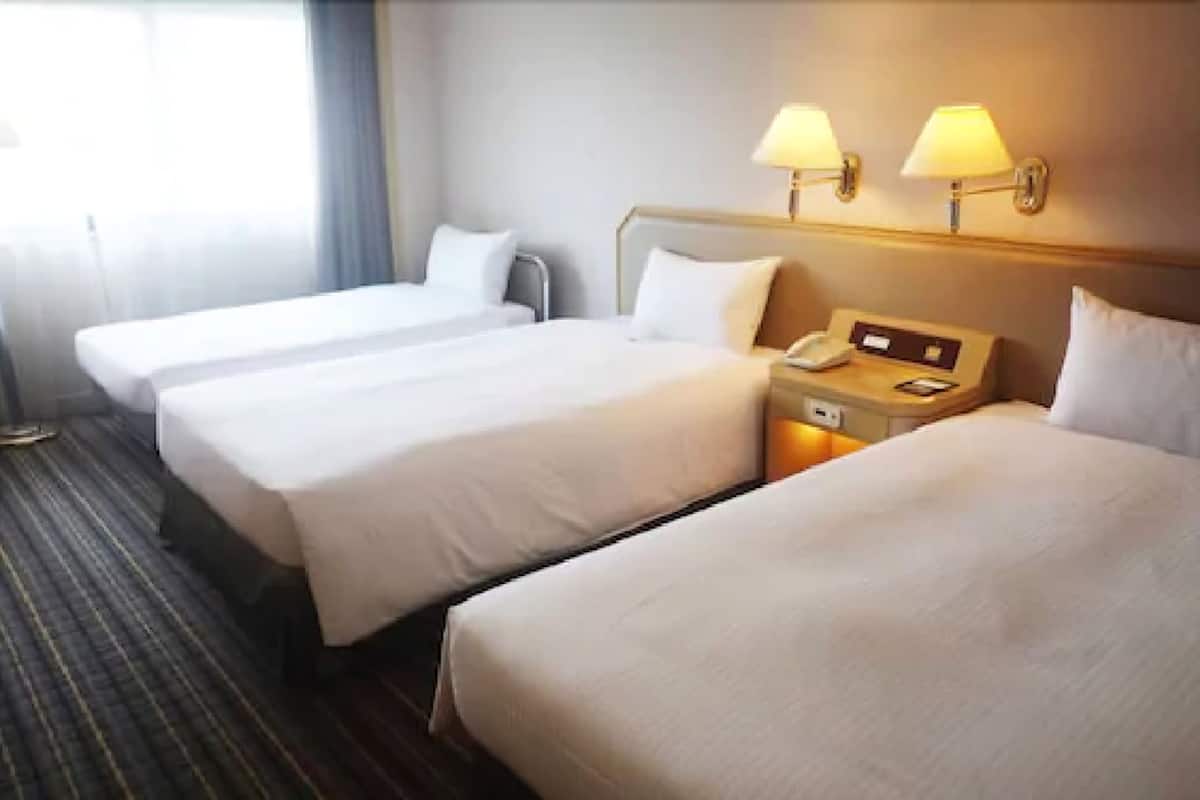 A hotel room with two single beds, a bedside table with a lamp, and a phone.