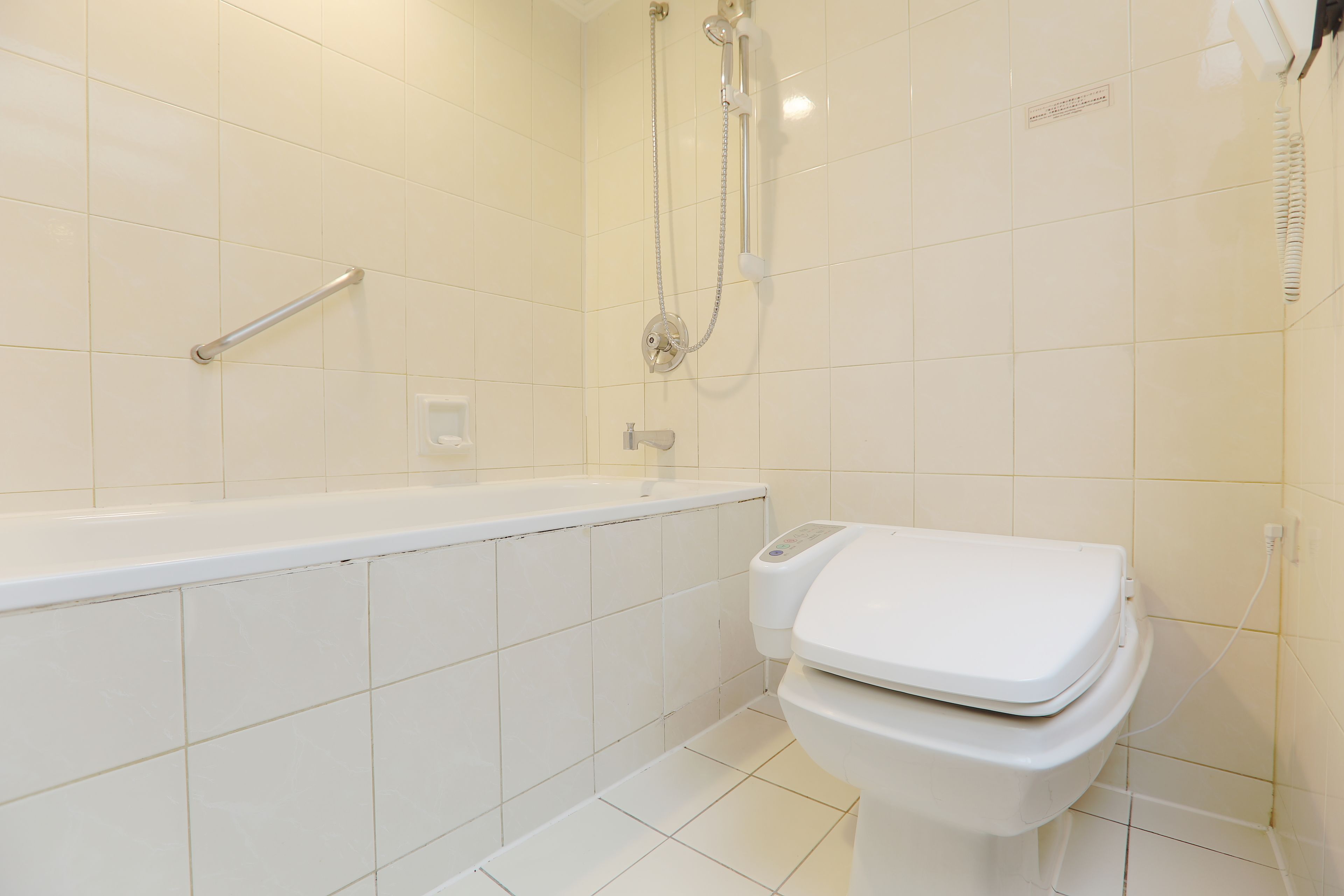 A bathroom with a bathtub, a toilet, and a shower.