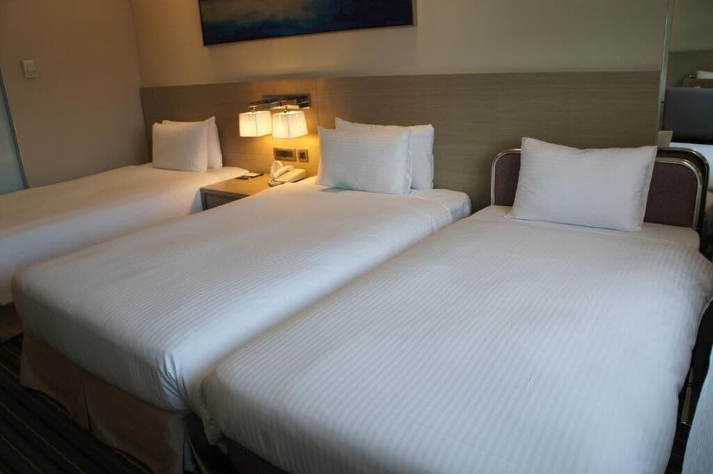 A hotel room with two single beds, each with white linens and pillows, a nightstand with a lamp, and a wall-mounted painting.
