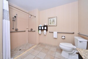 Combined shower/tub, hair dryer, towels