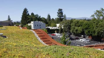 A building with a sloped roof, surrounded by greenery and trees.