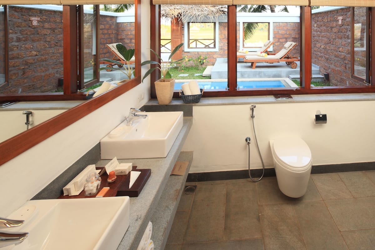 lake front pool view | bathroom | shower, rainfall showerhead, free toiletries, hair dryer