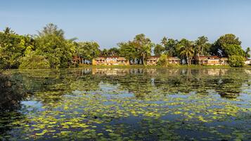 Un hotel junto al lago con varias construcciones, rodeado de vegetación exuberante y una superficie acuática tranquila con nenúfares.