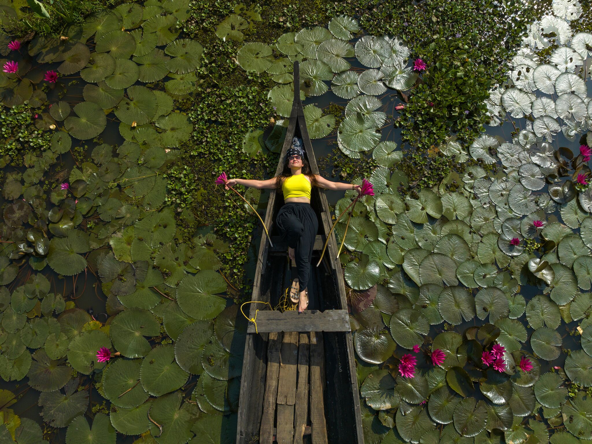 Una persona de pie sobre un puente de madera que cruza un estanque con lirios y flores rosadas.
