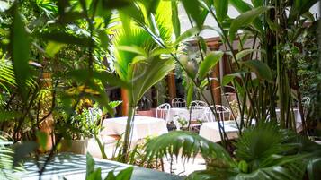 Un área de comedor al aire libre con mesas y sillas, rodeada de abundante vegetación y plantas.