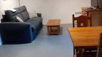 Una sala de estar con un sofá gris, una pequeña mesa de madera y una mesa de comedor de madera con sillas.