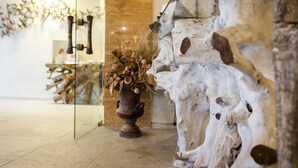 A lobby with a glass partition, a large wooden sculpture, and a potted plant. - Hotel El Cortijo De Zahara by Q Hotels (Tarifa)