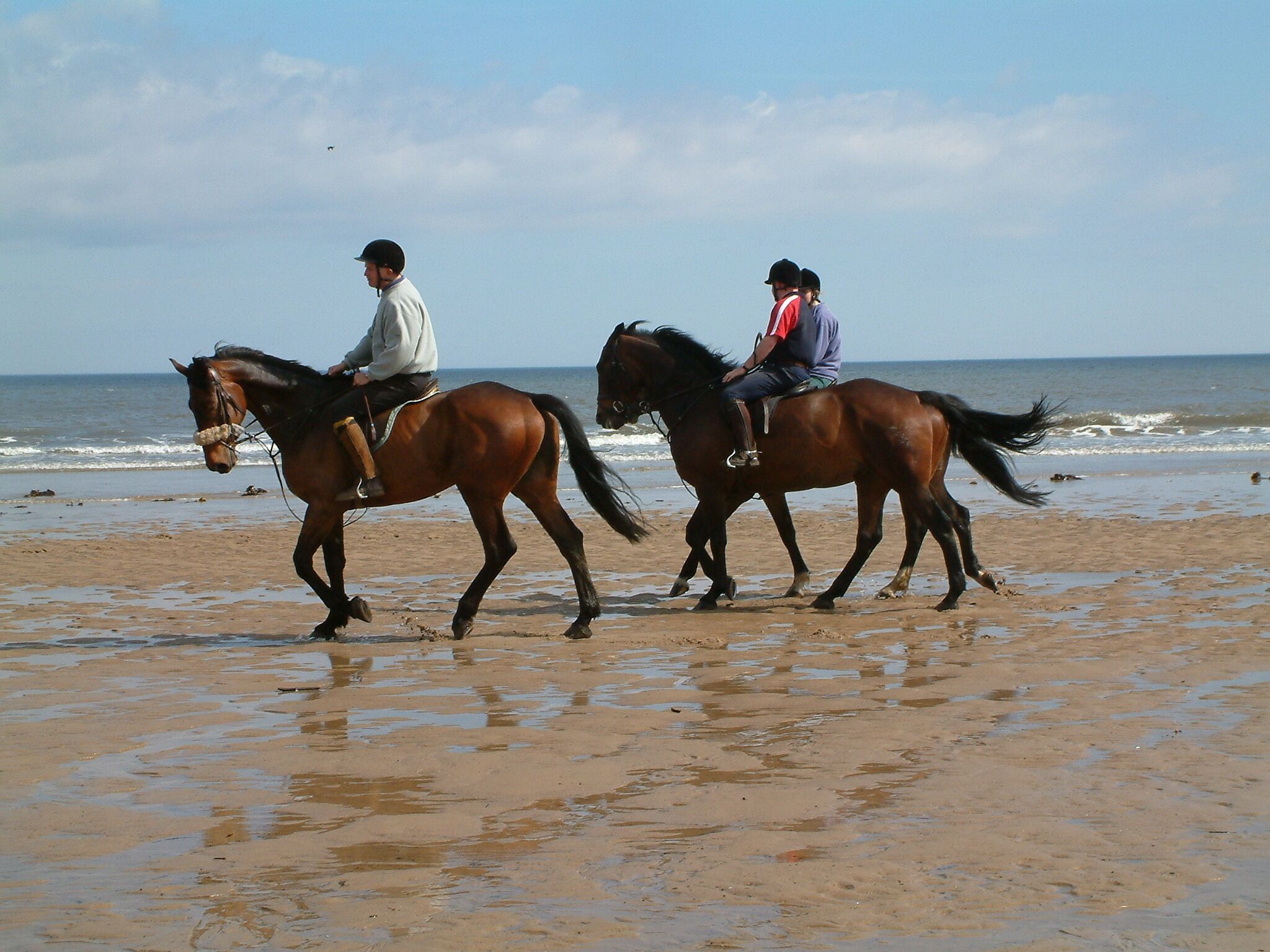 Dos personas cabalgando a caballo en una playa, con el océano al fondo.