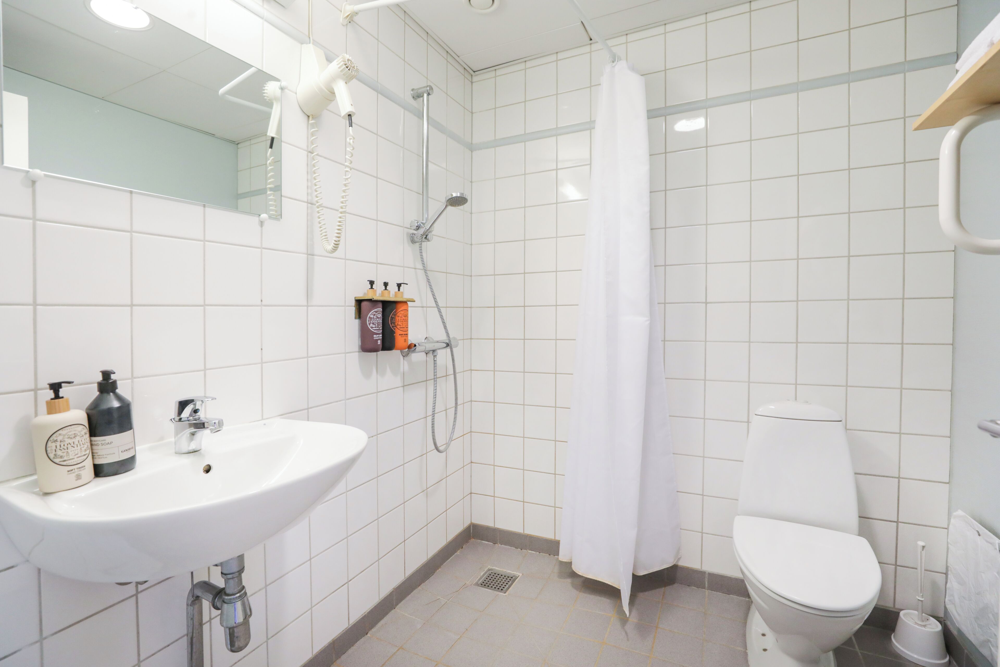 Un baño con lavamanos, espejo, ducha e inodoro.
