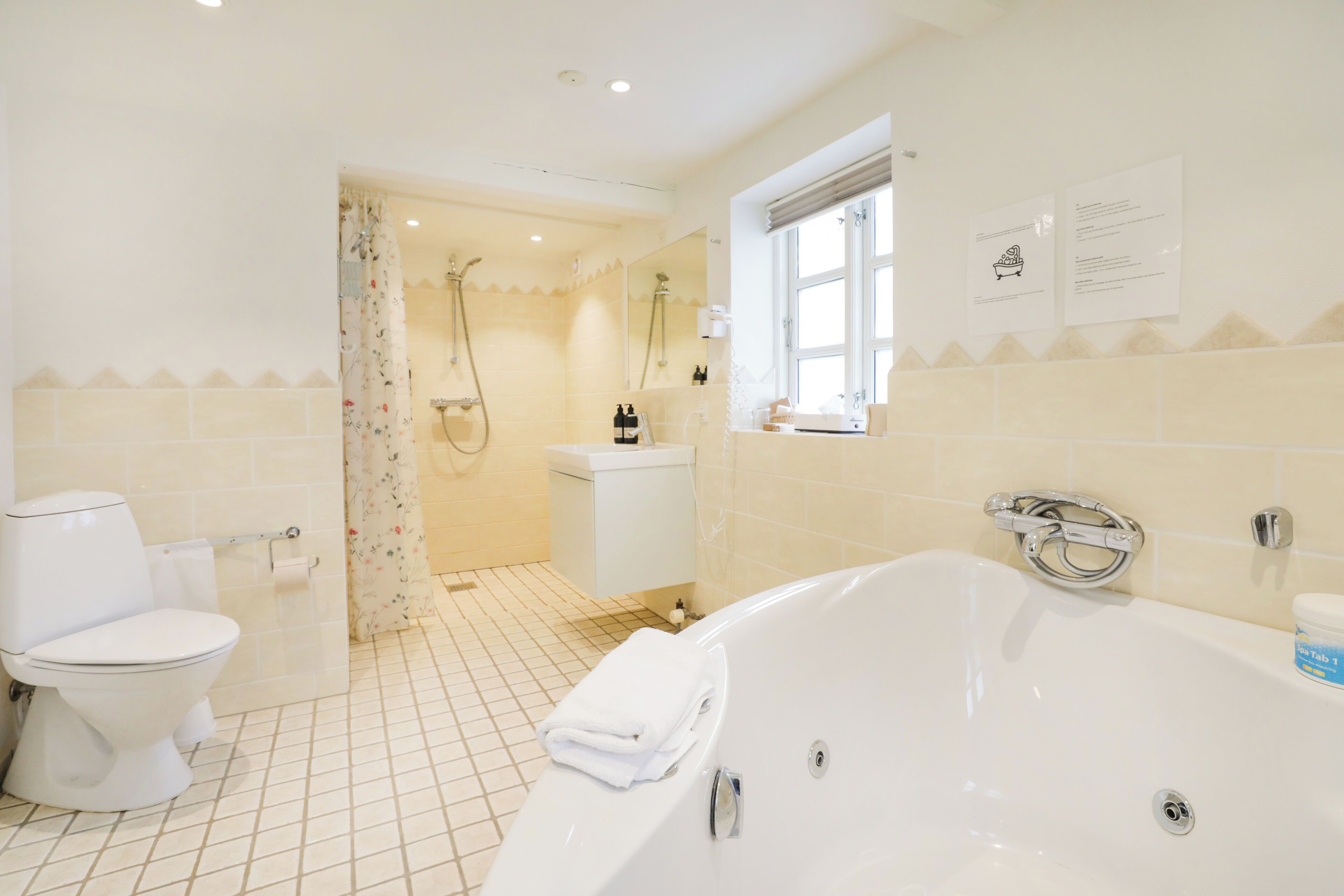 A bathroom with a toilet, a shower, a bathtub, and a window.