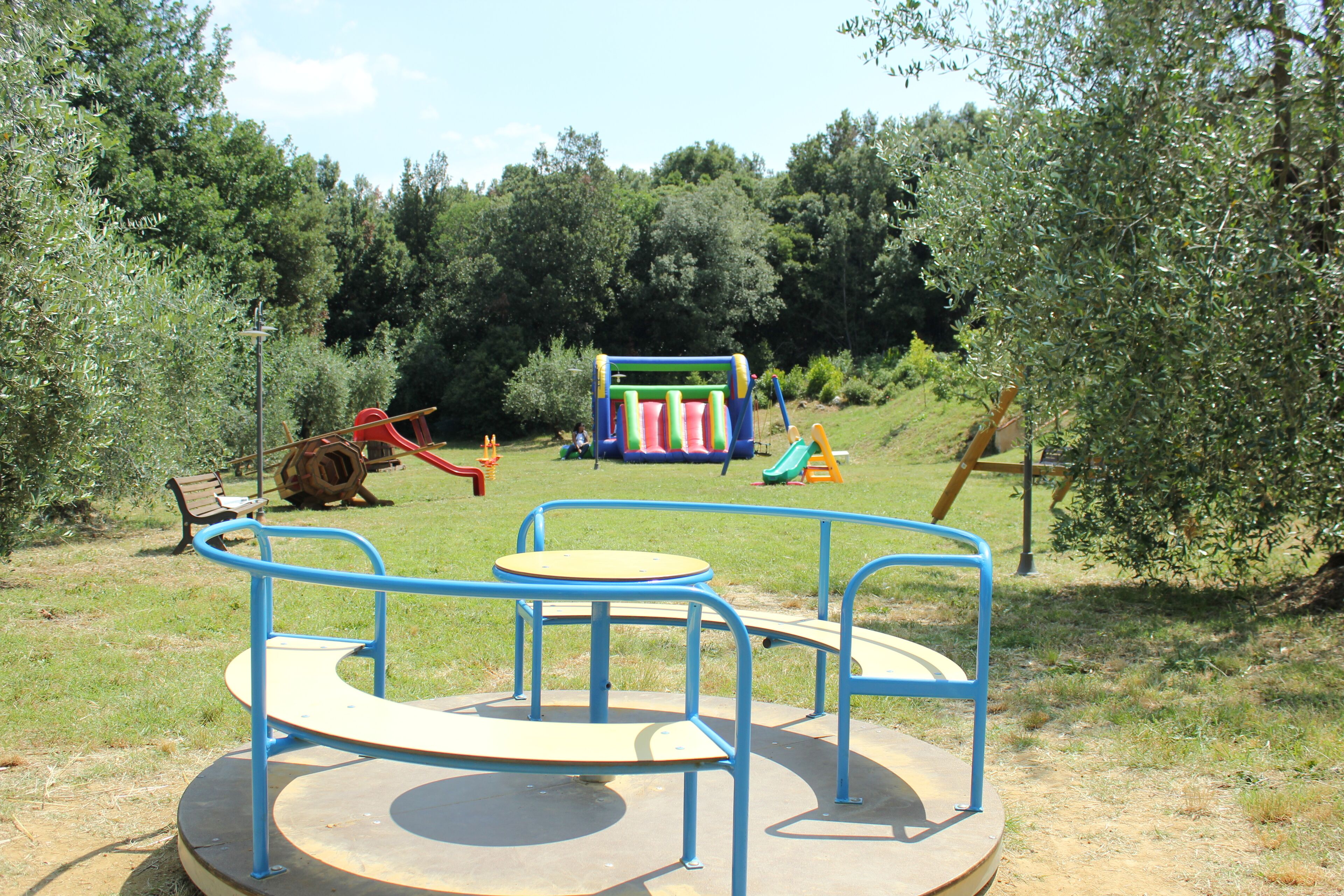 A playground with a circular climbing structure, a slide, and a ball pit.