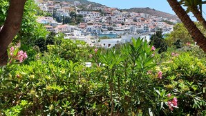 A coastal town with white buildings, a visible harbor, and lush greenery in the foreground. - Villa Arni (Andros)