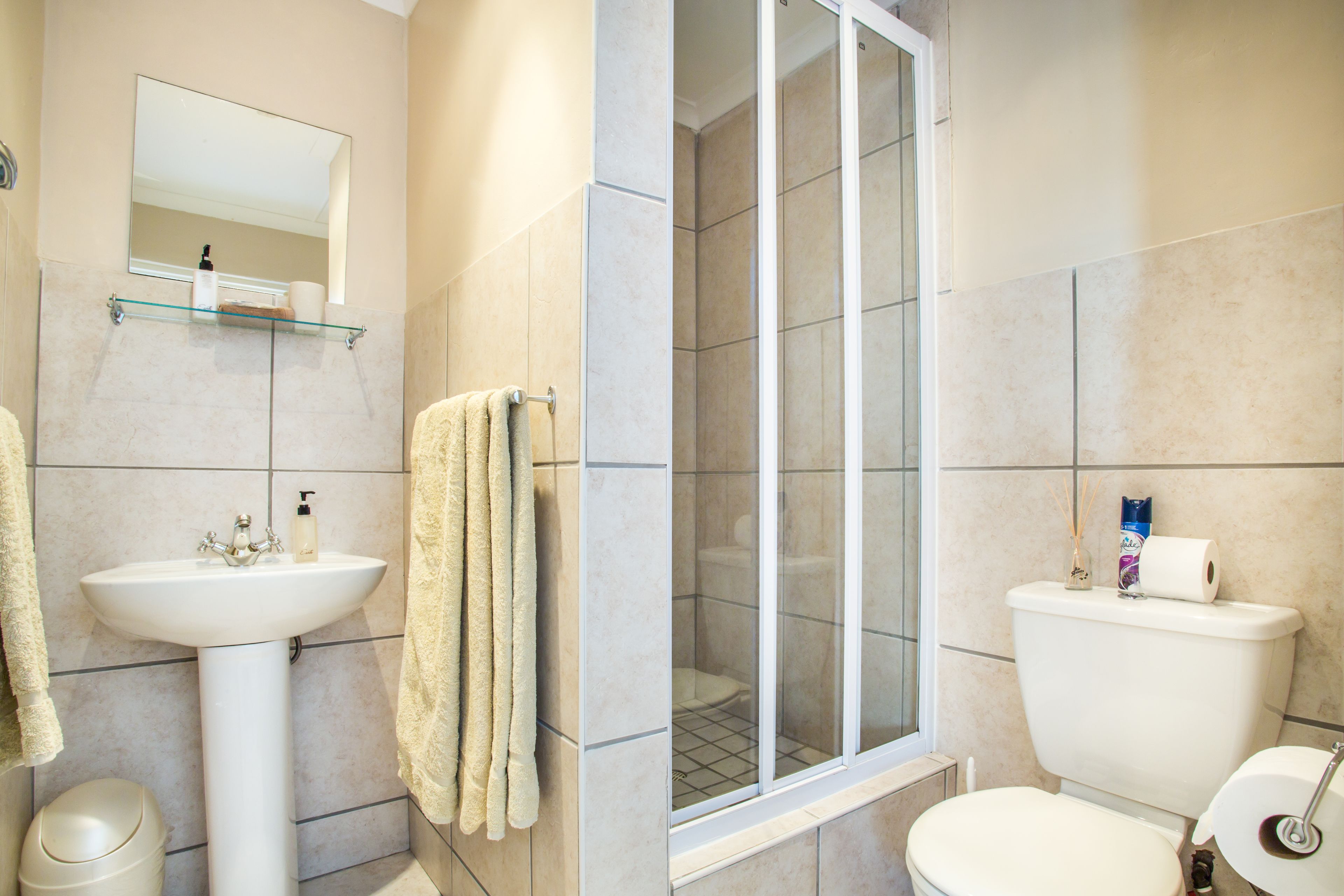 Baño con lavamanos, espejo, toallero, inodoro y ducha.