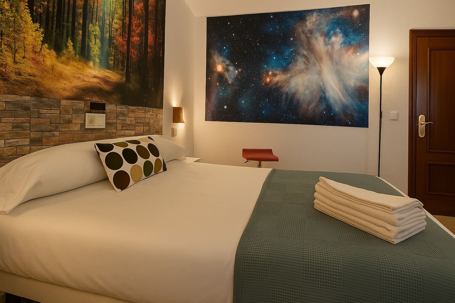 Una cama bien tendida con un almohadón de lunares, una manta verde con textura y una pila de toallas. Un cuadro grande de un bosque y una galaxia decora la pared.