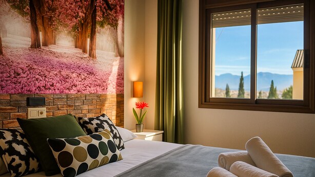 Habitación de hotel con cama, almohadas, mesita de noche con lámpara, ventana con vistas y un mural floral en la pared.