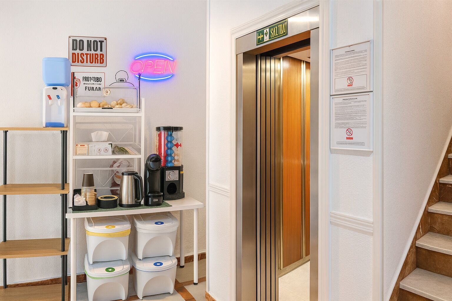 A hotel room with a white shelf unit, a coffee machine, a water dispenser, and a neon 'OPEN' sign.