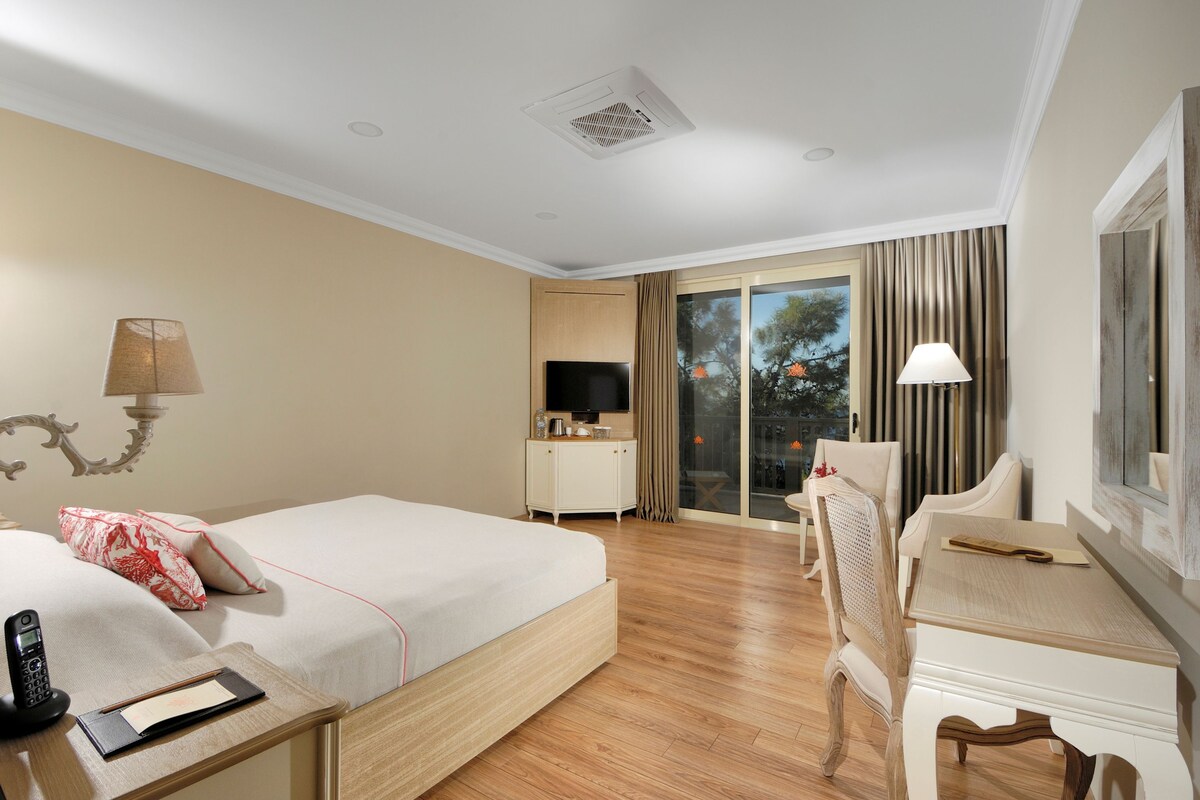 A hotel room with a bed, bedside table, lamp, desk, chair, TV, and a view of the outdoors.