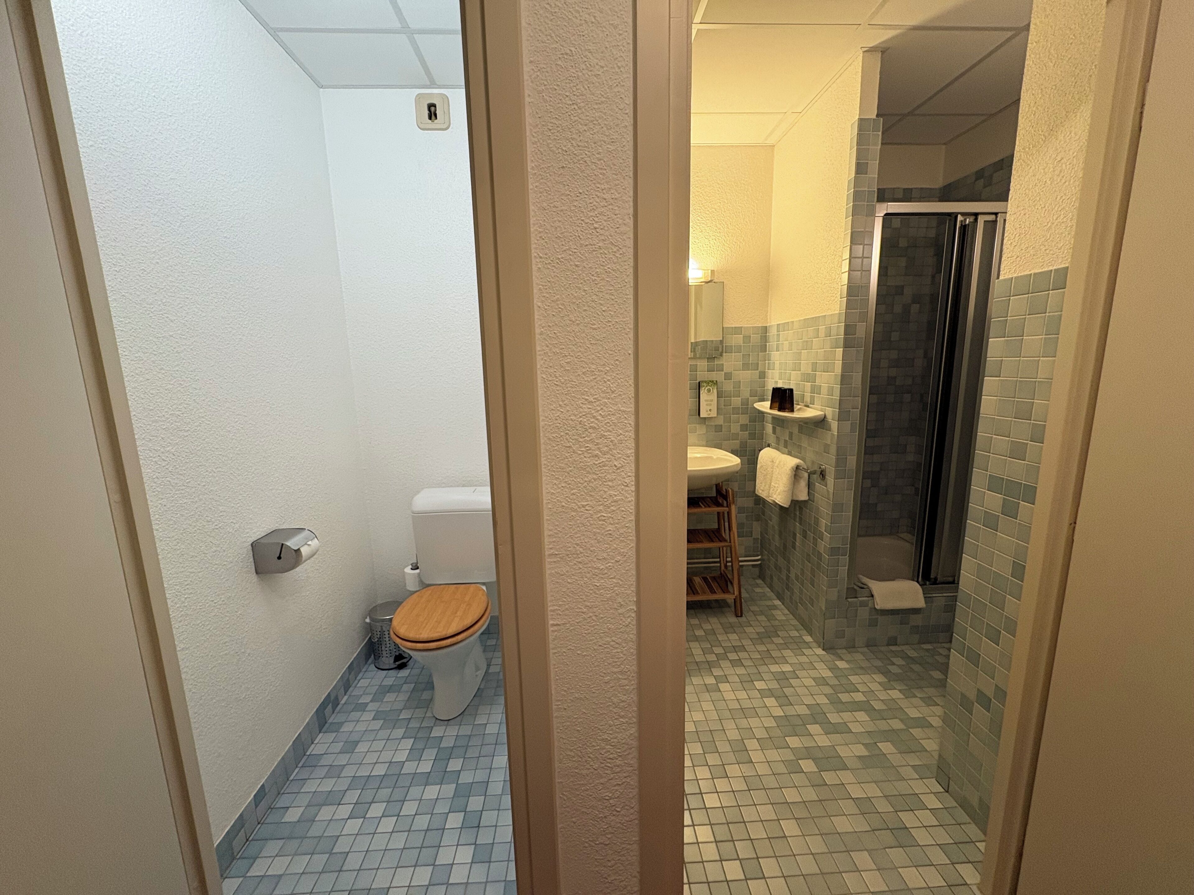 Un bagno con WC, lavandino e doccia.