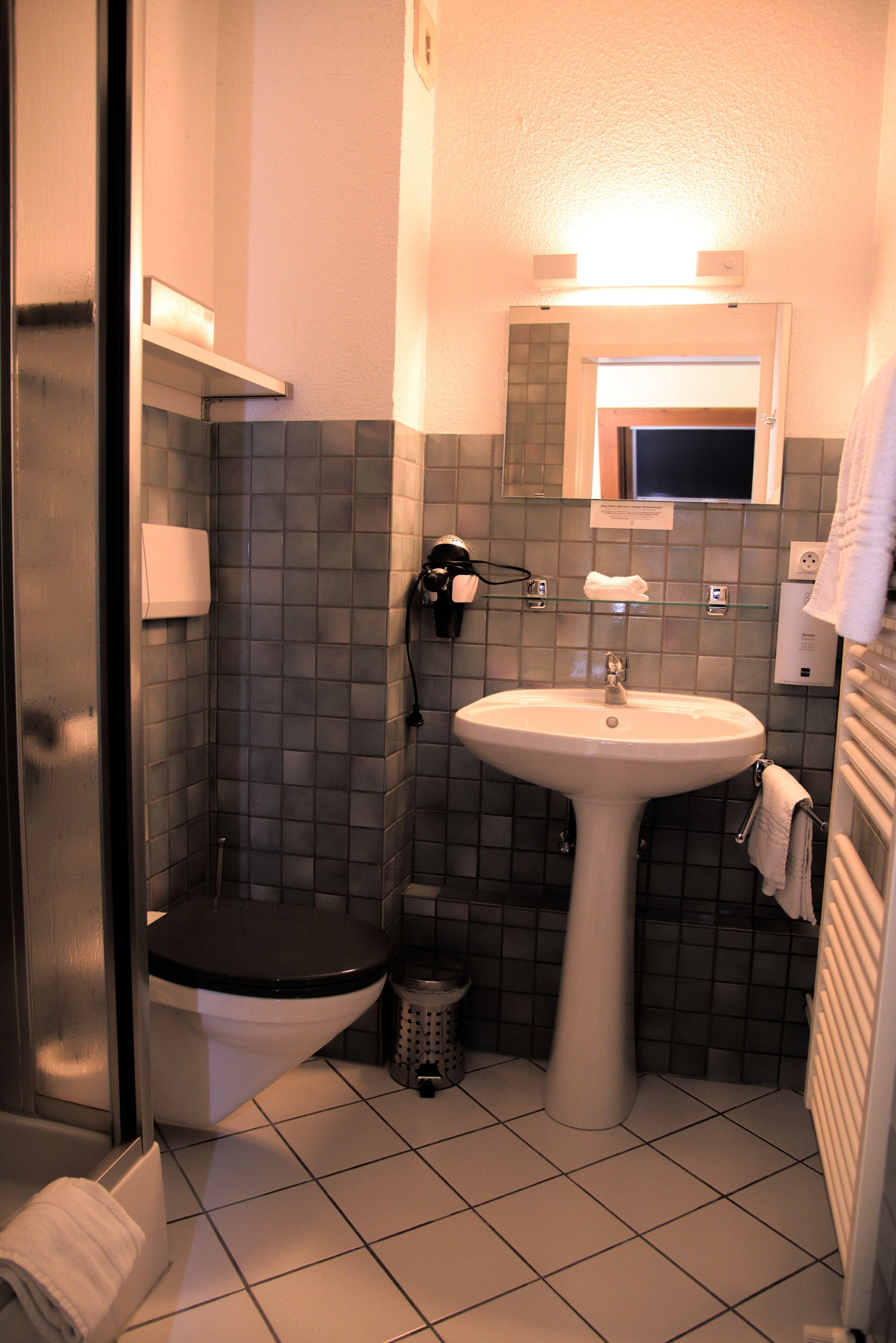 small single room | bathroom | shower, hair dryer, towels