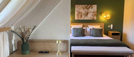 Un dormitorio con cama, mesita de noche, lámpara y un cuadro en la pared.