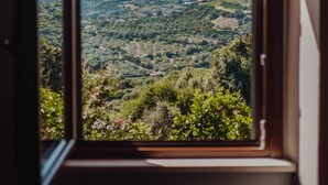 Una ventana con vista a un paisaje montañoso.