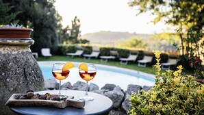 Dos vasos de vino tinto con rodajas de naranja sobre una mesa de piedra junto a una piscina con sillones de descanso y follaje al fondo.
