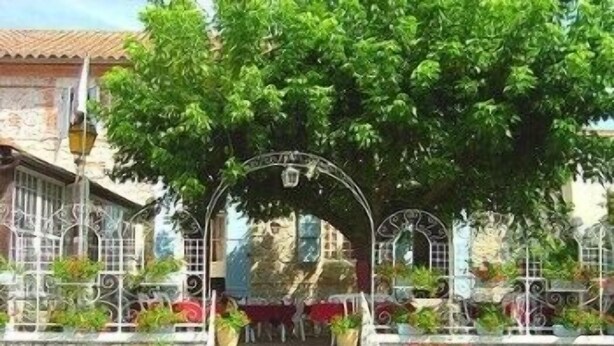 A stone building with a wrought iron gate, steps leading to a covered entrance, and potted plants. - La Table d'Antan (Bon-Encontre)
