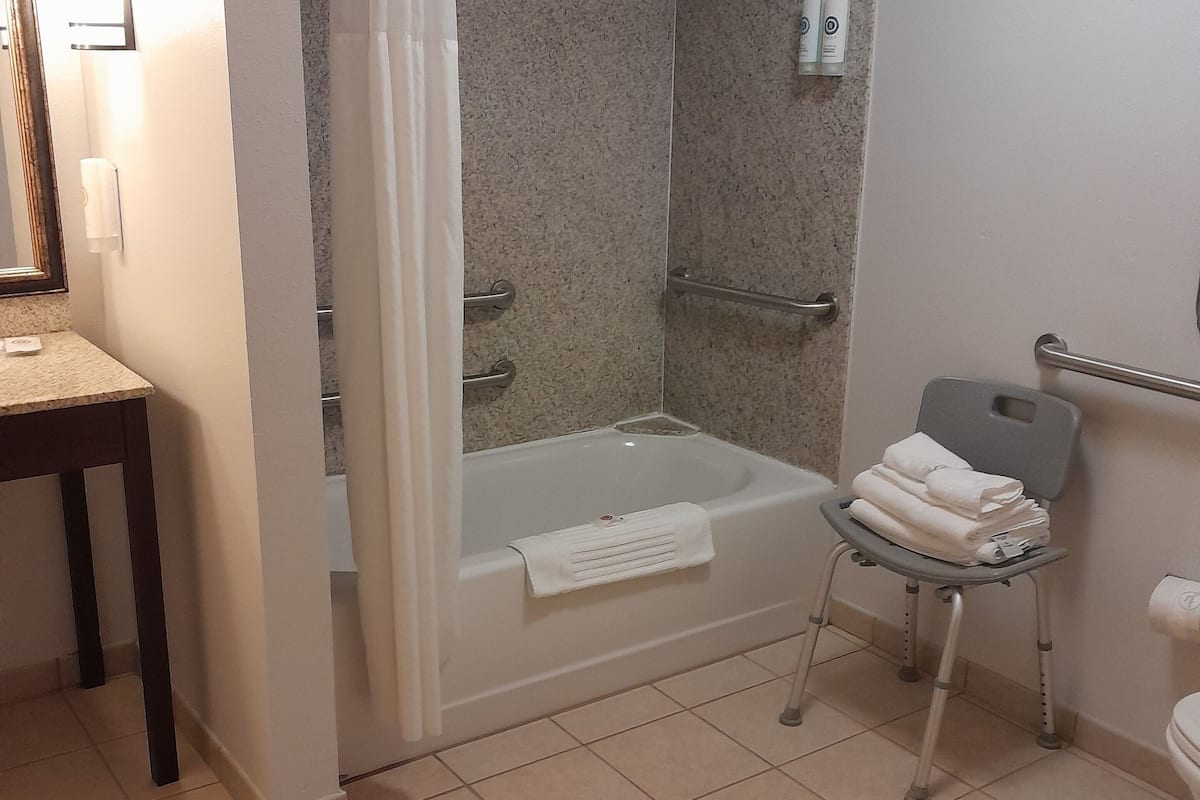 suite, 1 king bed with sofa bed, accessible, non smoking | bathroom | free toiletries, hair dryer, towels