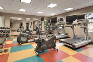 Ein Fitnessstudio mit verschiedenen Cardiogeräten, Kurzhanteln und einem farbenfrohen Boden.