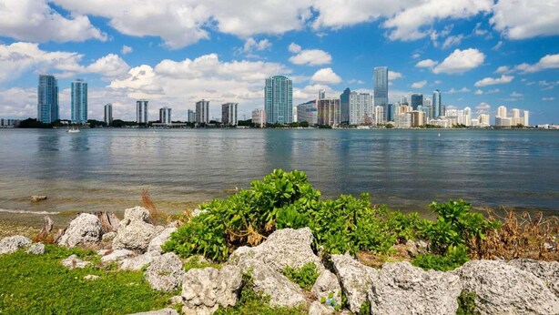 A city skyline with high-rise buildings across a body of water. - Casa Victoria Orchid (Miami Beach)