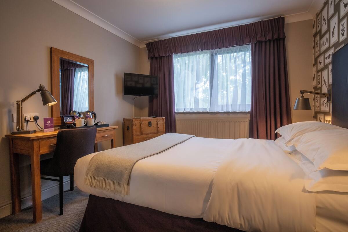 A hotel room with a bed, a desk with a computer, a chair, a TV, and a window with curtains.