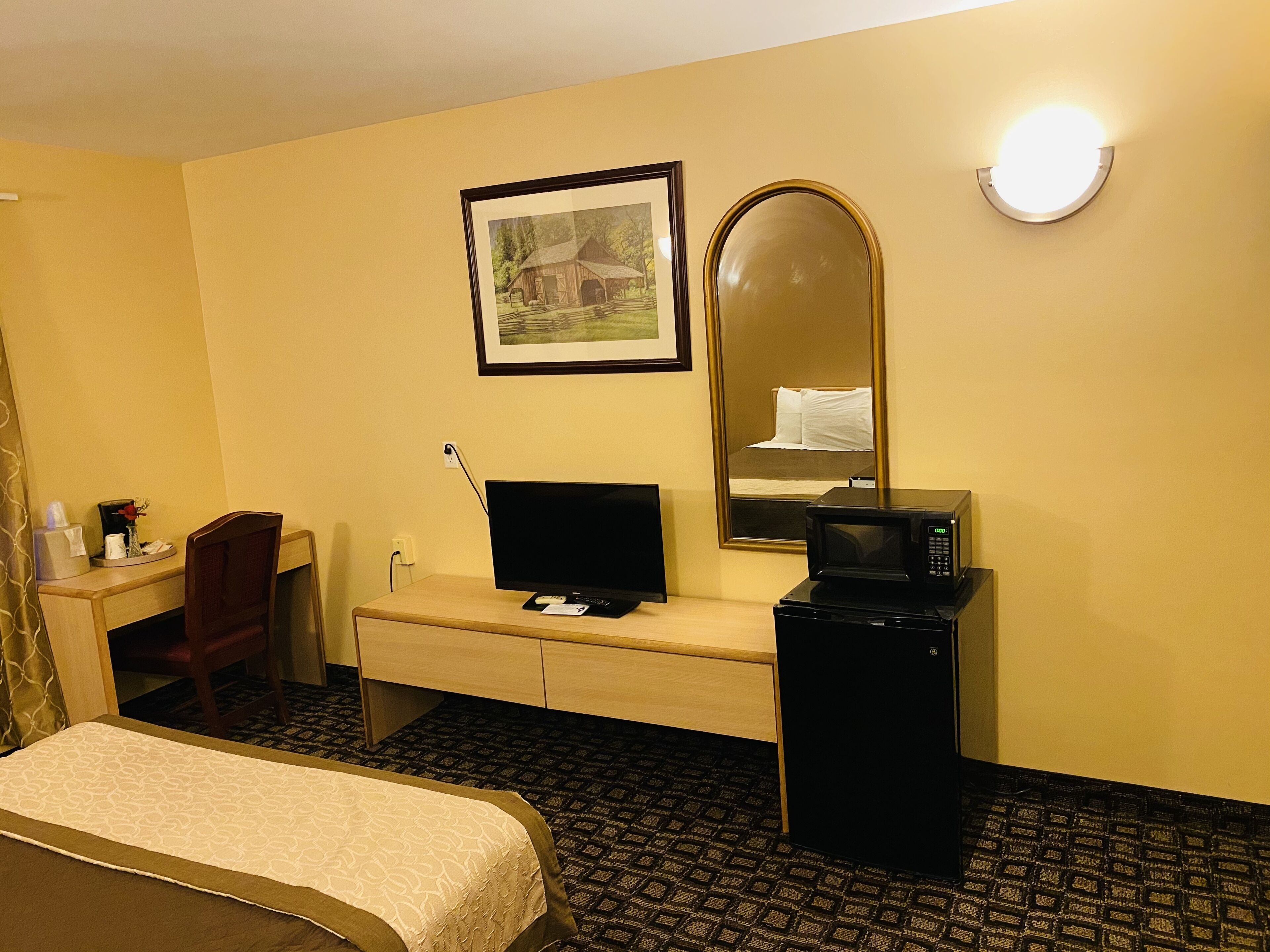 Une chambre d ’hôtel équipée d’un lit, d’un bureau avec une télévision, d’un miroir et d’un four à micro-ondes.