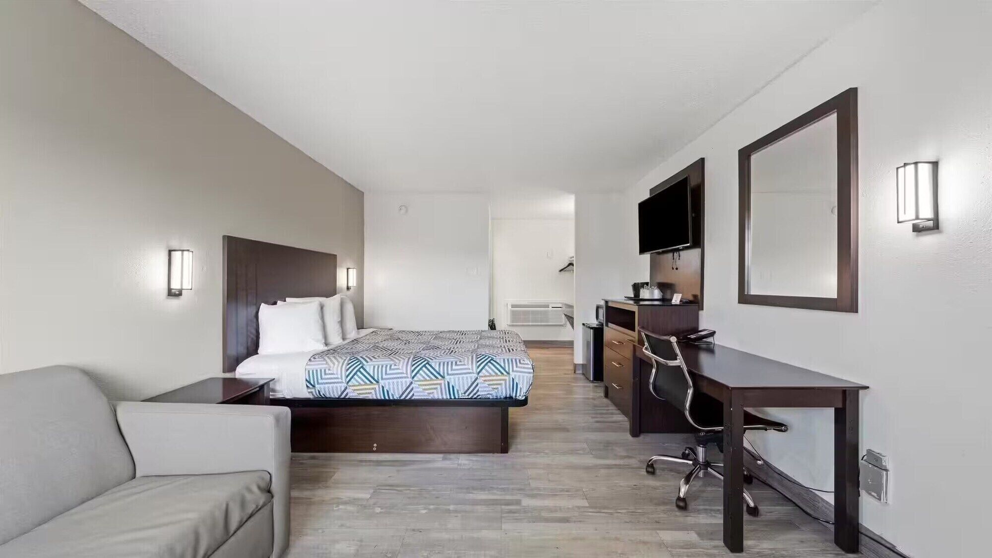 Desk, laptop workspace, blackout drapes, soundproofing