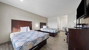 Desk, laptop workspace, blackout drapes, soundproofing