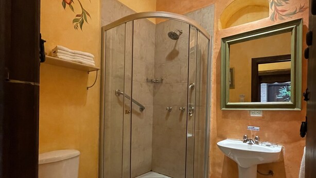 Ein Badezimmer mit einer Duschkabine, einer Toilette und einem Waschbecken.