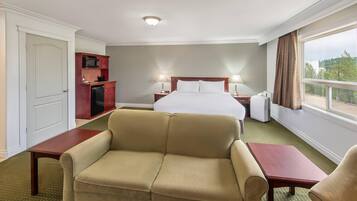 A hotel room with a bed, a sofa, a desk, a microwave, and a window with a view.
