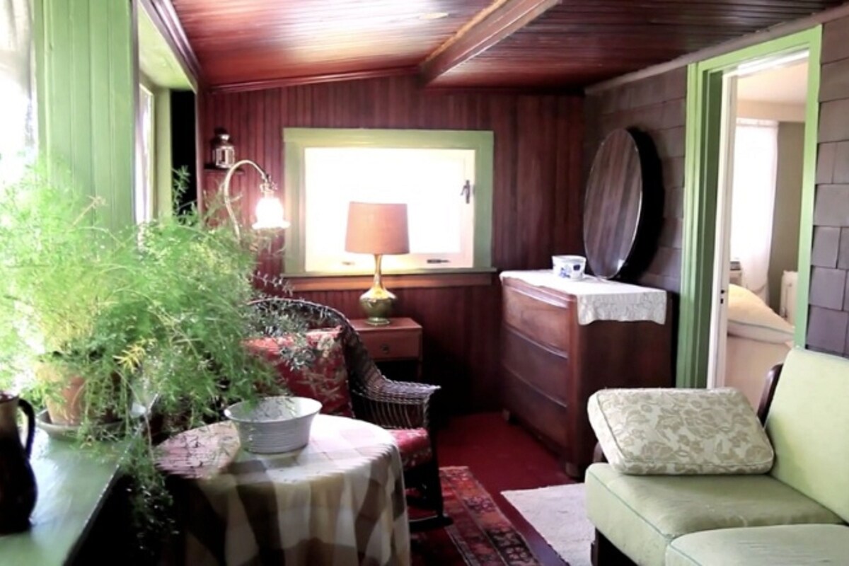A cozy room with a green sofa, a small table with a lamp, a potted plant, and a window with a view.