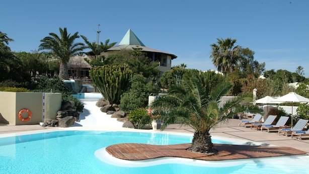 Une piscine entourée d’une terrasse en bois, de chaises longues et de palmiers.