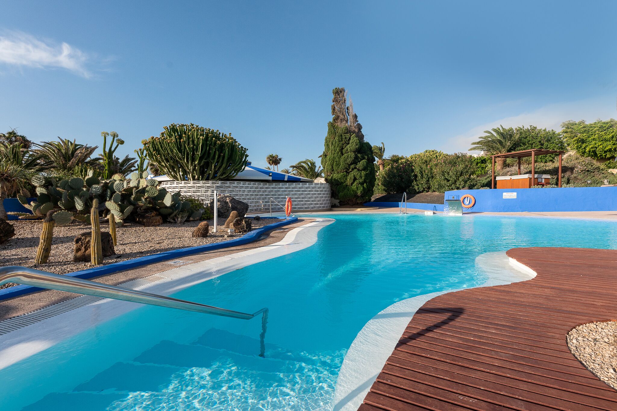 Una piscina con cubierta de madera, rodeada de cactus y palmeras.