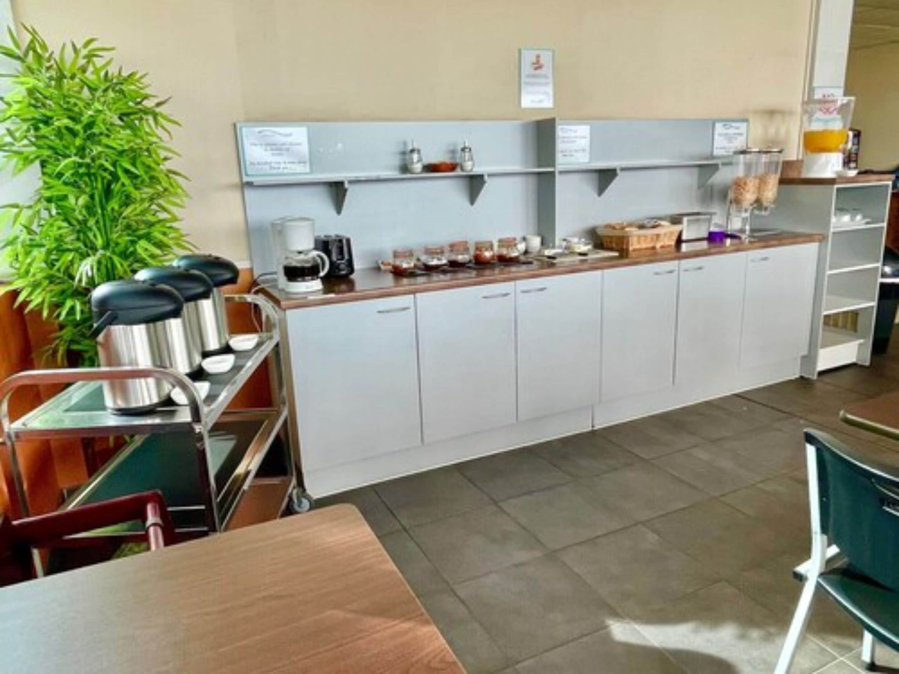 A modern kitchen with white cabinets, a coffee station, and a plant.