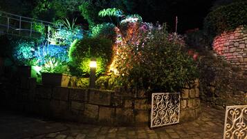 Un jardín nocturno con plantas iluminadas y un muro de piedra.