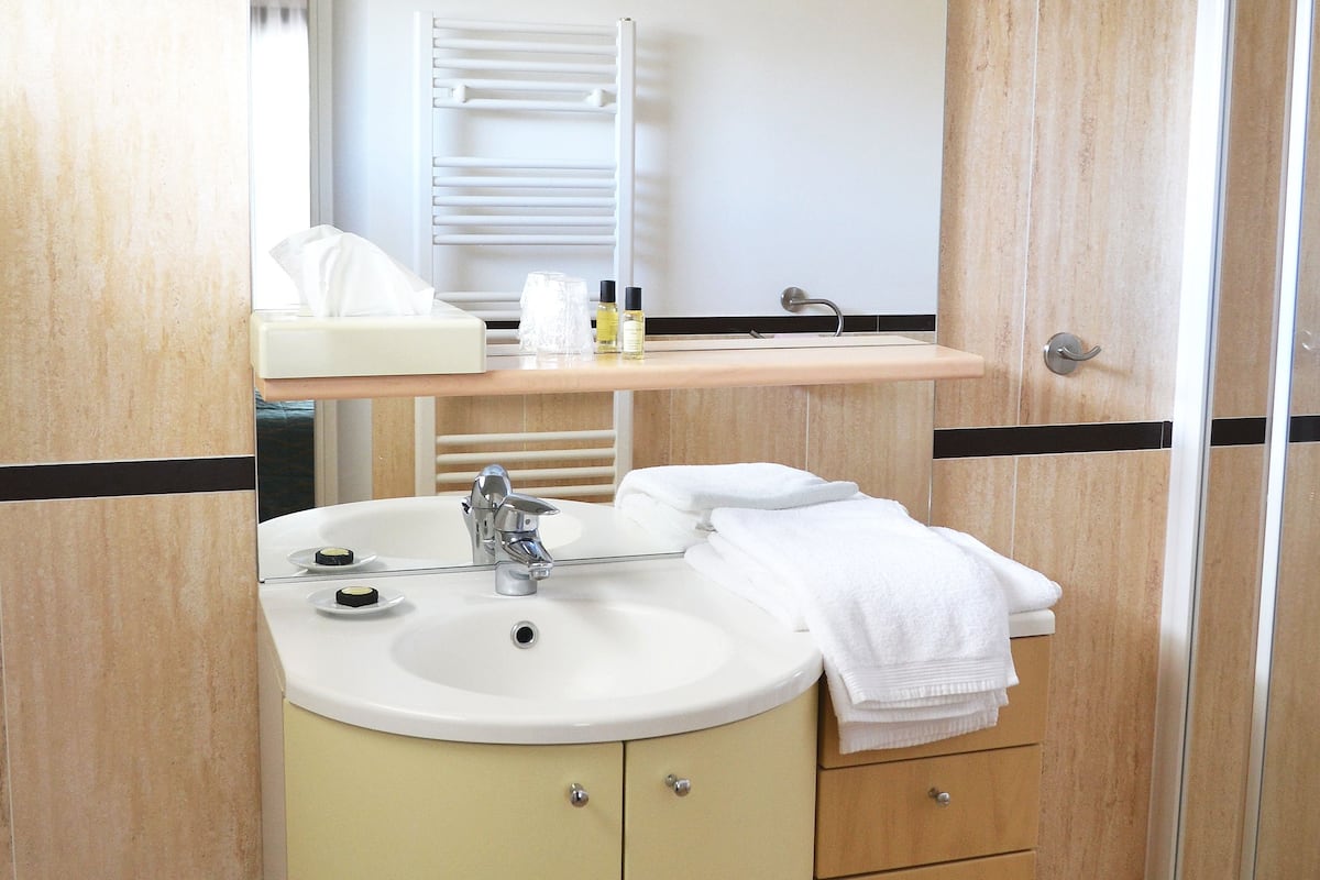 free toiletries, hair dryer, towels