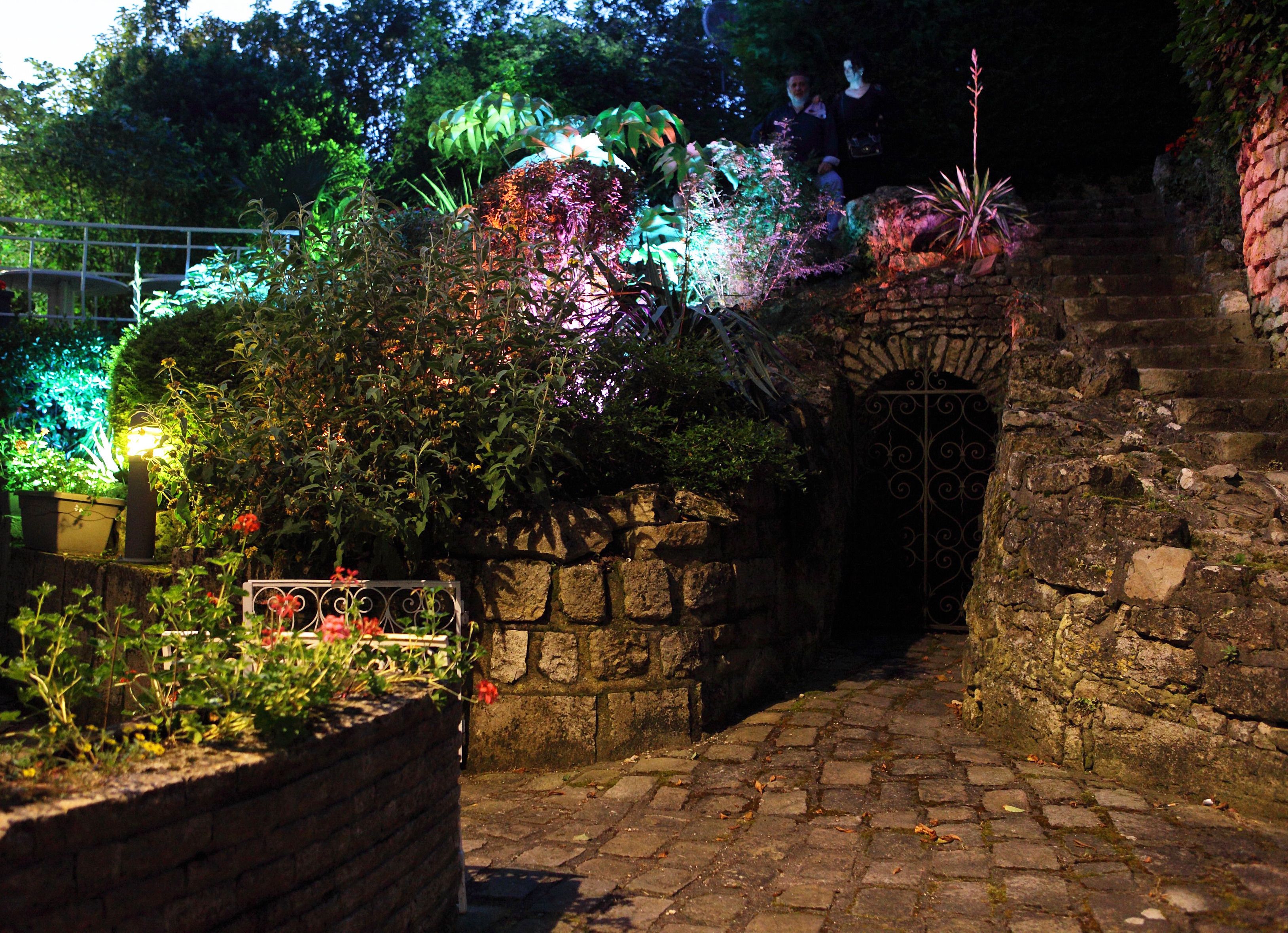 Un sendero de piedra que atraviesa un jardín con diversas plantas y una puerta decorativa.