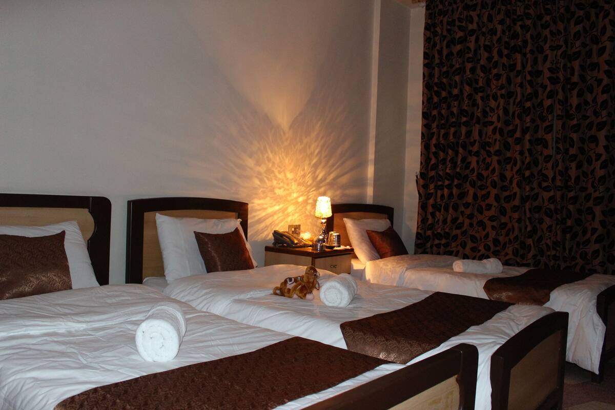 Une chambre d’hôtel avec trois lits, une table de chevet avec une lampe et un rideau à motifs léopard.
