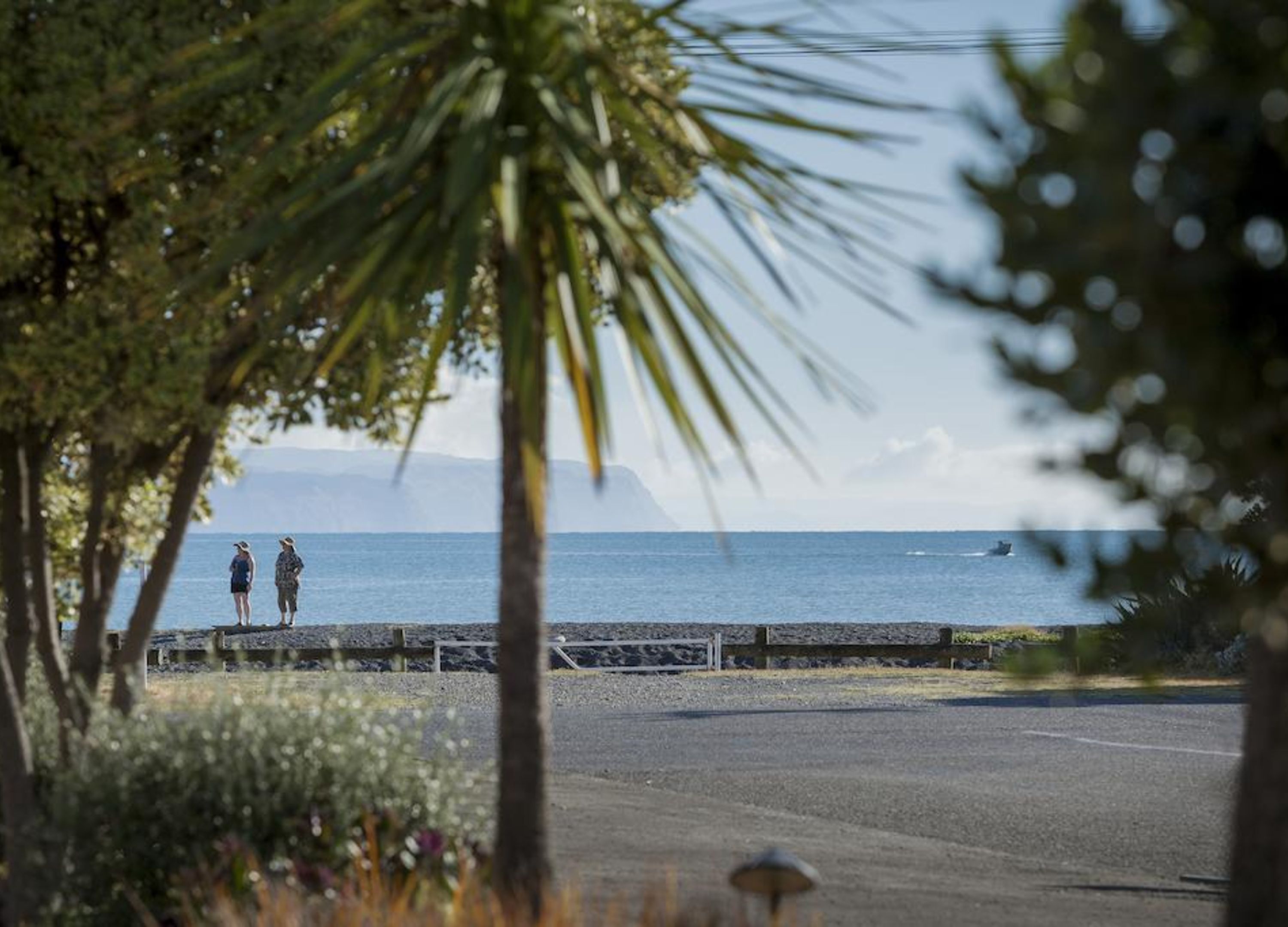 A coastal road with a view of the sea and a distant ship.
